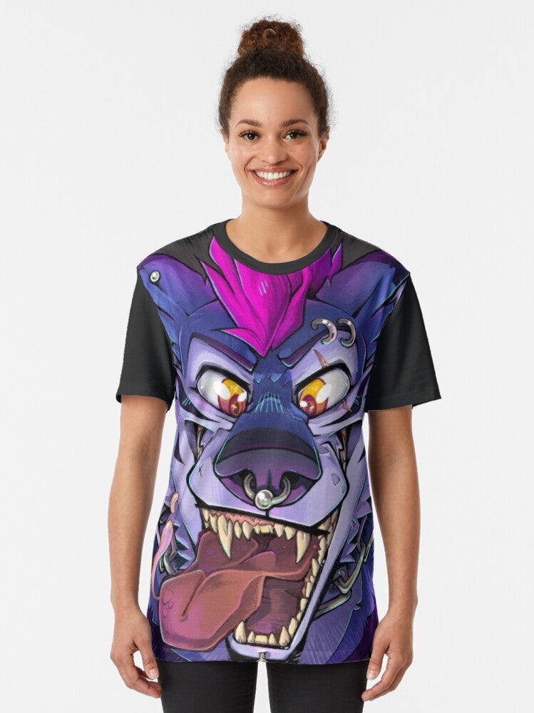 A graphic t-shirt featuring a punk-inspired furry wolf with prominent teeth and a maw. - Women