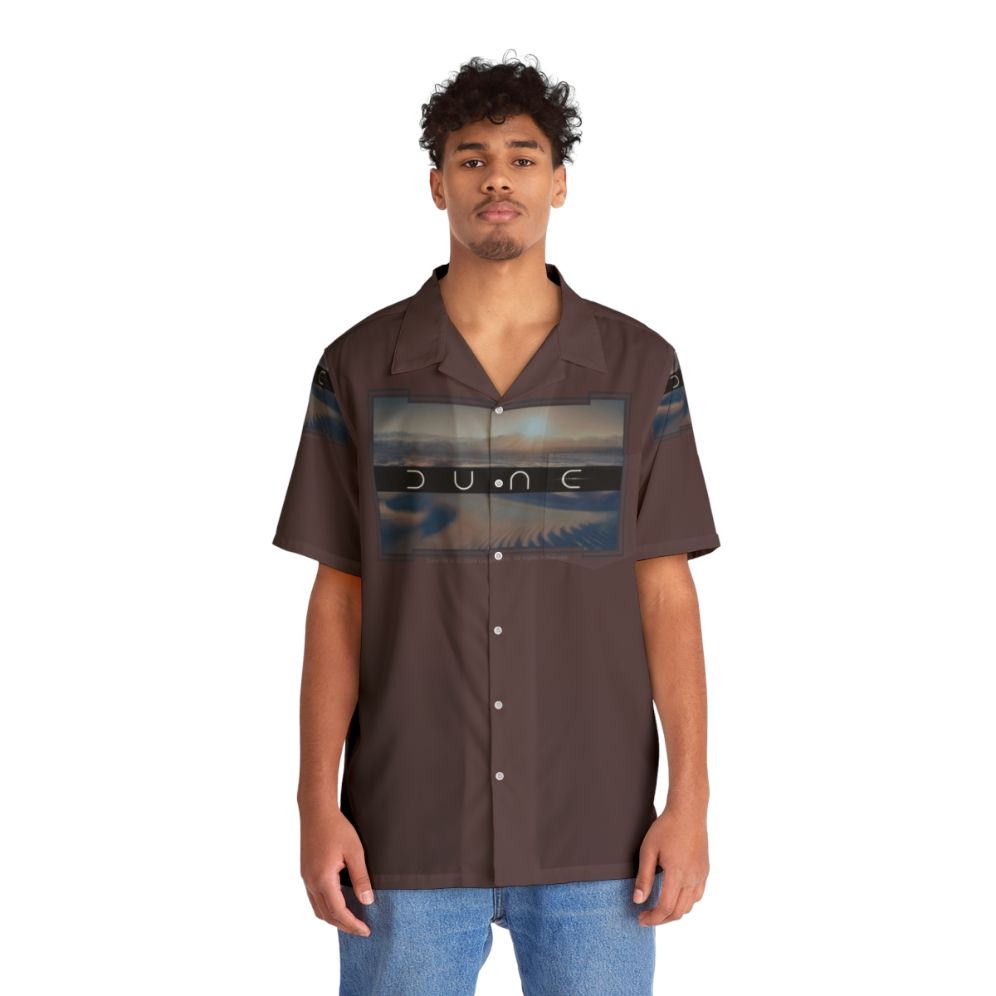 Dune brown background Hawaiian shirt with futuristic desert landscape design - People Front