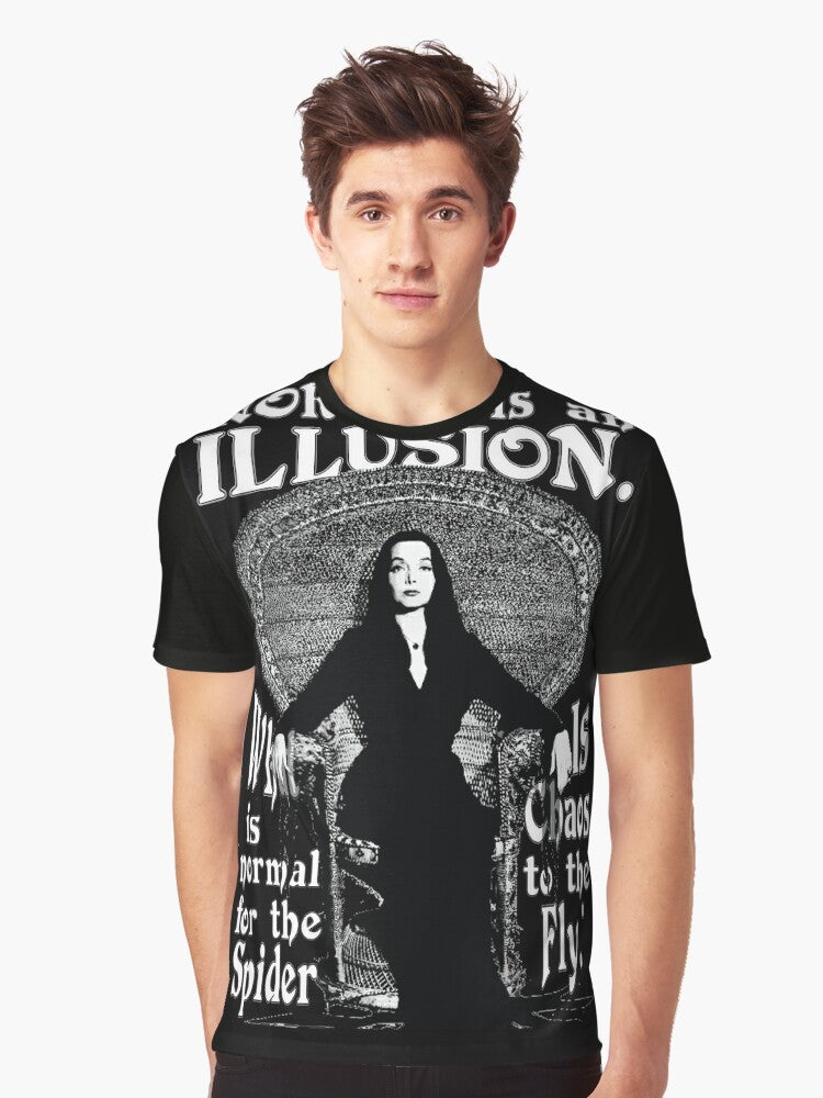 Morticia Addams graphic t-shirt with quote "Normal Is An Illusion..." - Men