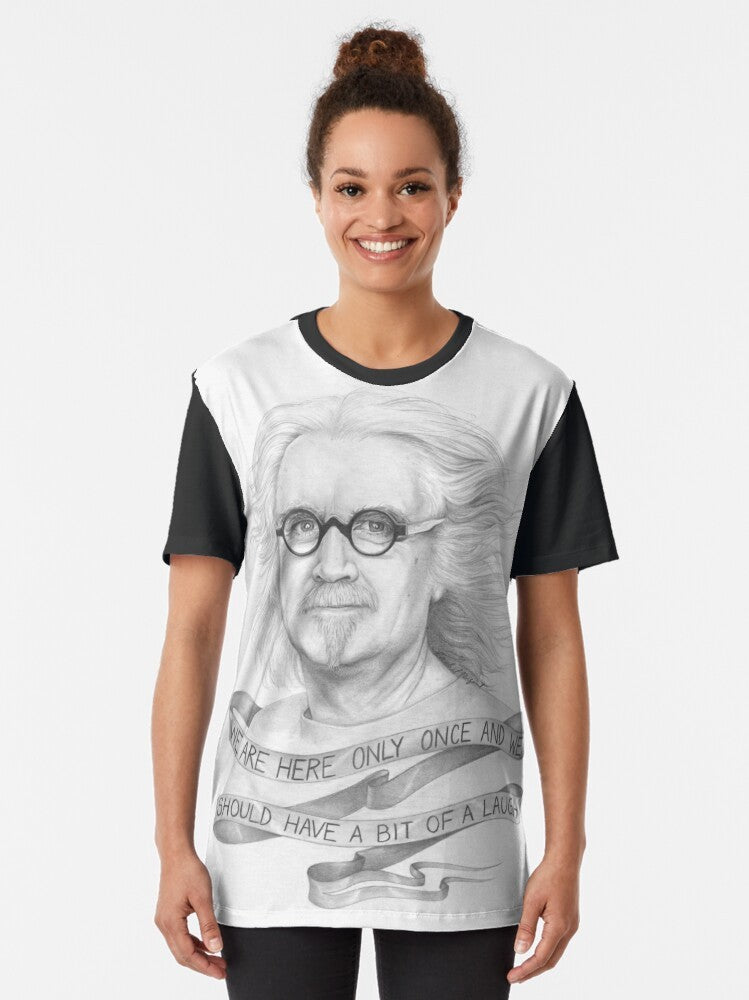 A graphic t-shirt featuring an illustration of the iconic Scottish comedian, Billy Connolly, also known as "The Big Yin". - Women