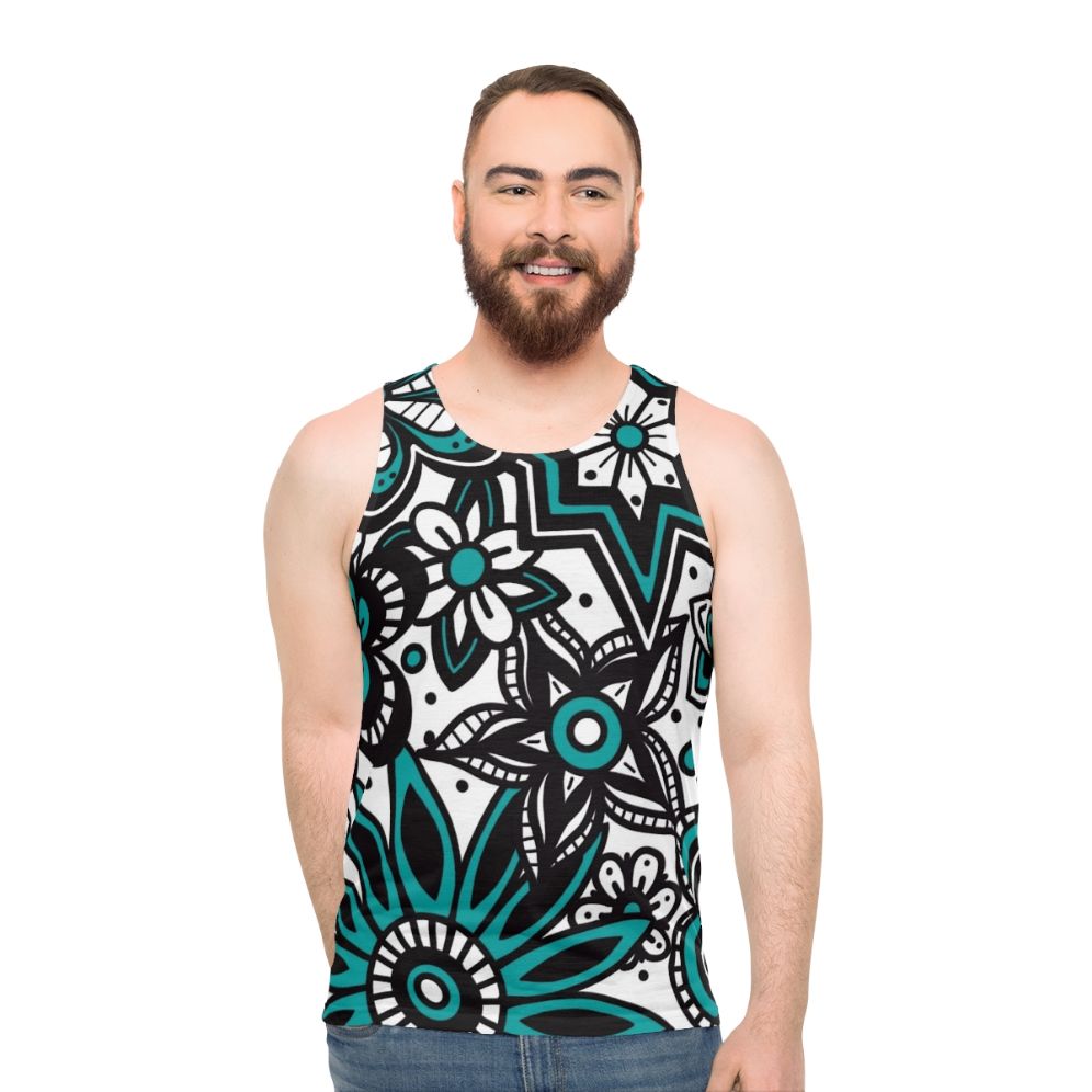 Teal and white floral print unisex tank top - men