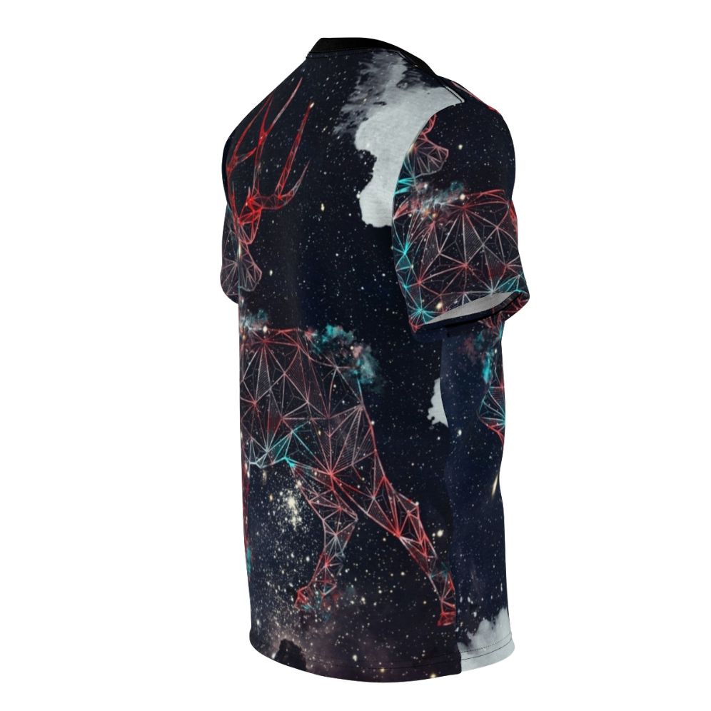 Celestial deer graphic design on a t-shirt, featuring a deer silhouette in a galaxy background with stars and geometric patterns. - men right