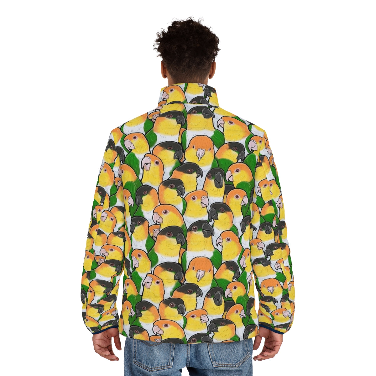 Caique parrot wearing a stylish puffer jacket - men back