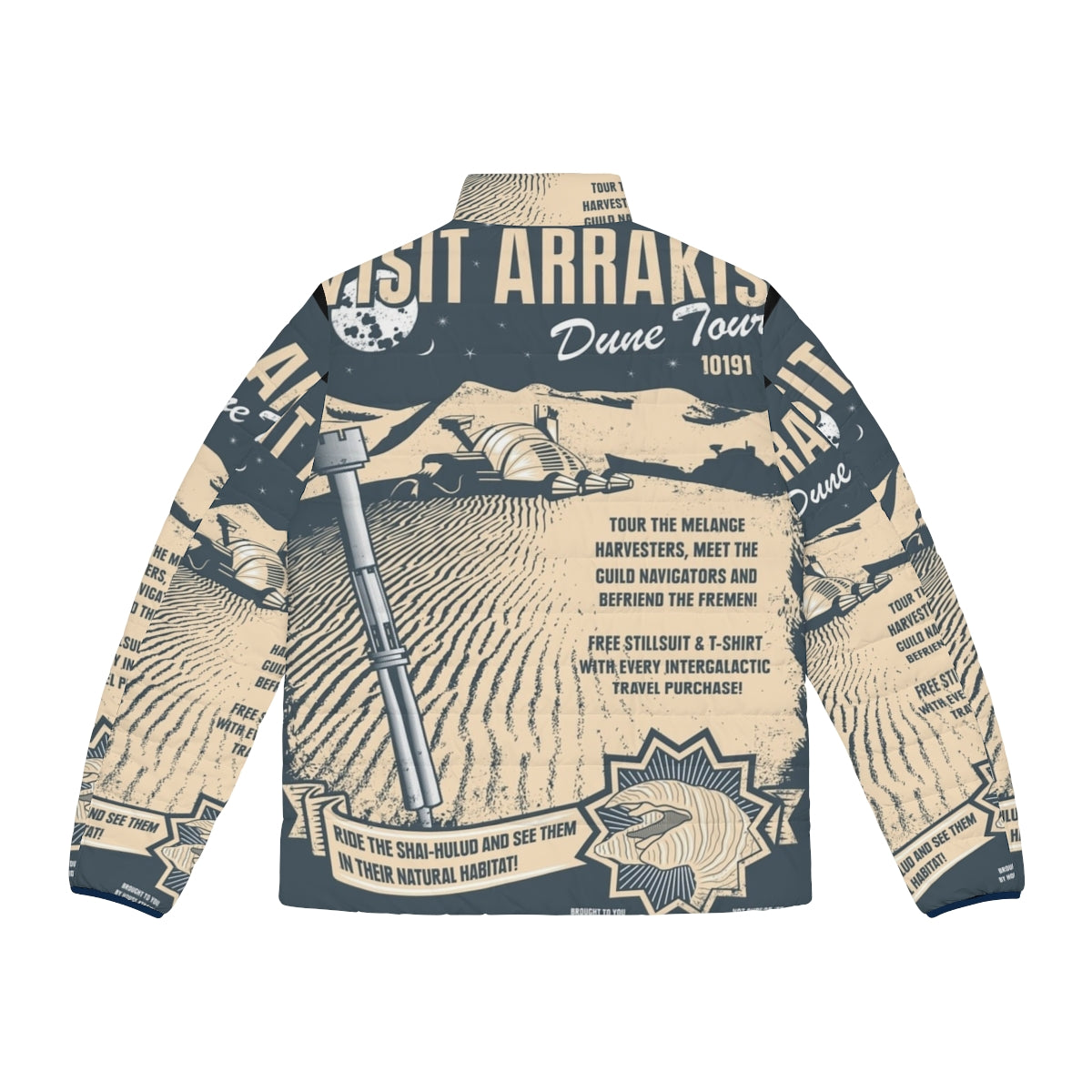 A stylish puffer jacket featuring the iconic desert landscape of Arrakis from the Dune science fiction series. - Back