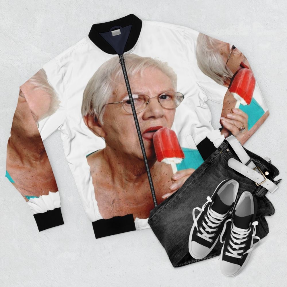 Granny Ice Cream Bomber Jacket with Funny Grandma Meme Design - Flat lay