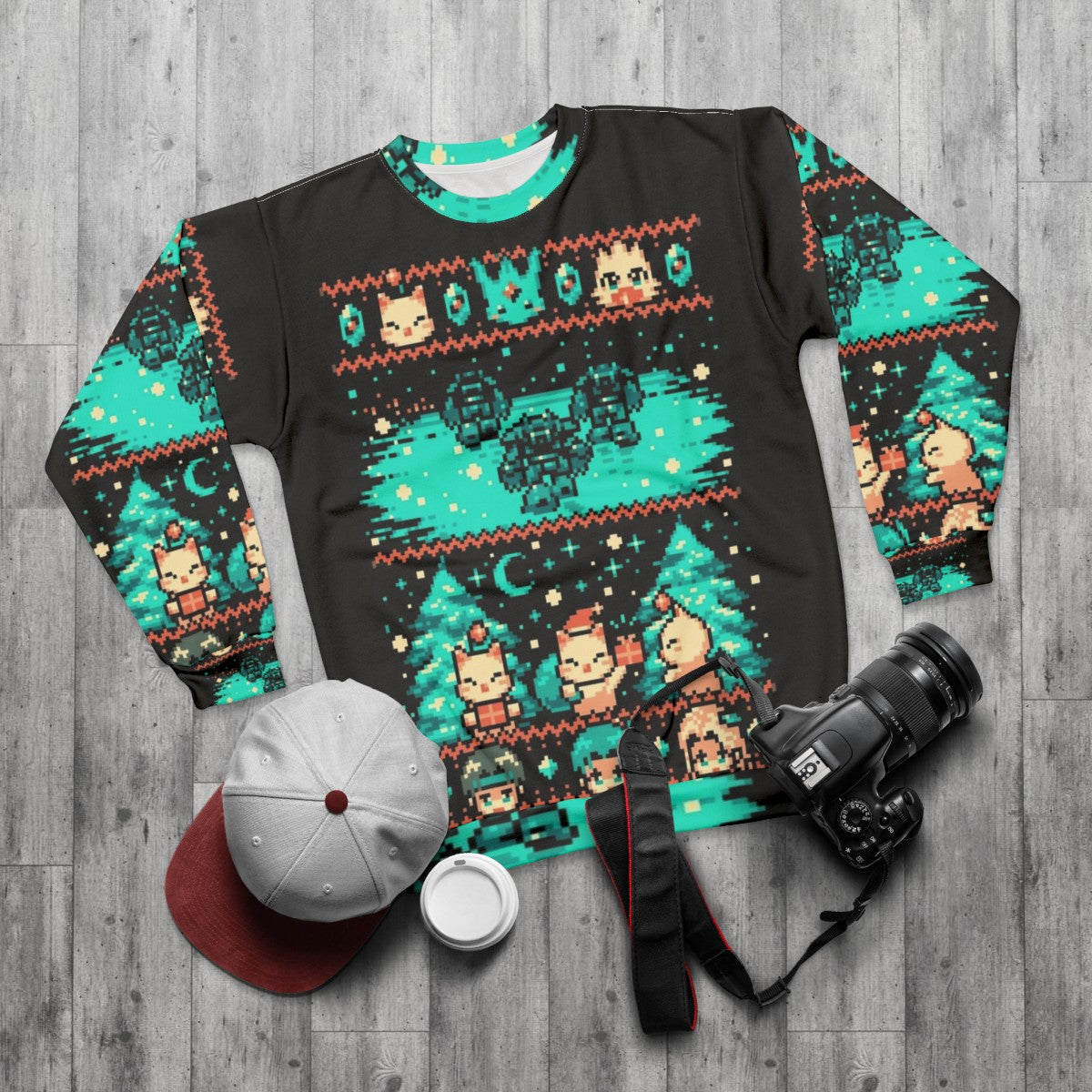 Cozy Winter Fantasy Pixel Art Sweatshirt - flat lay