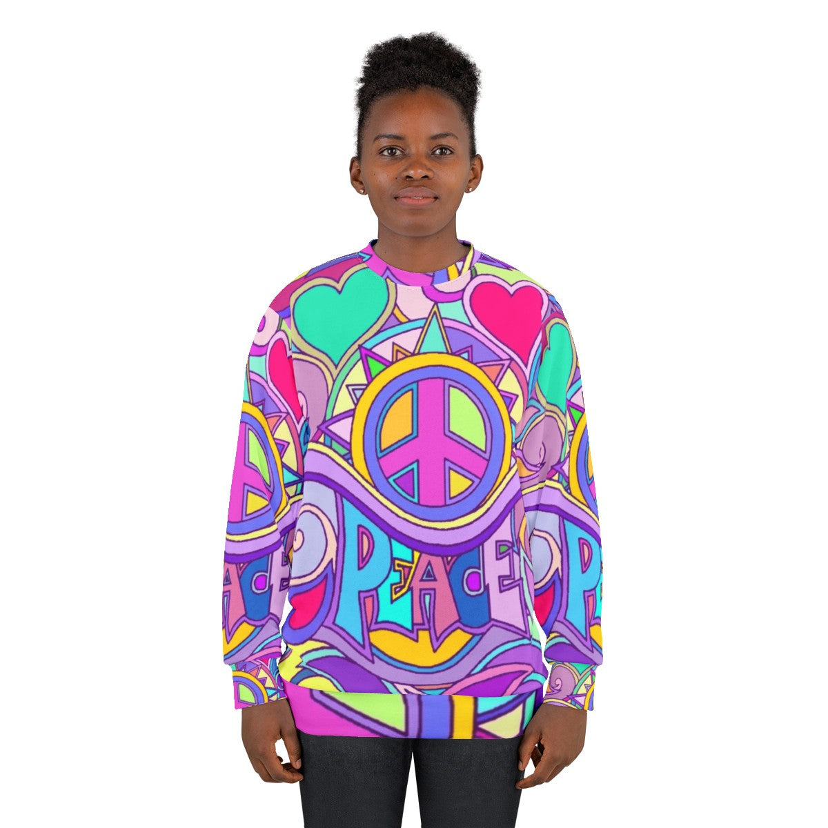 Retro psychedelic peace hippie sweatshirt with colorful abstract 60s/70s graphic - women