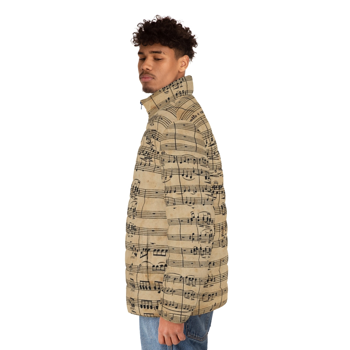 Puffer jacket featuring Beethoven's 9th symphony sheet music on antique paper - men side left