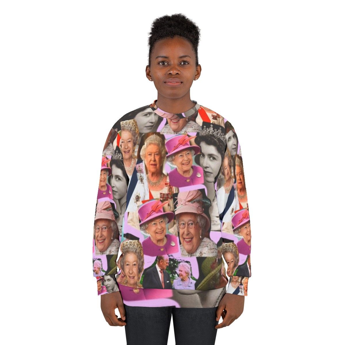 Queen Elizabeth II Sweatshirt featuring a pop art collage design - women