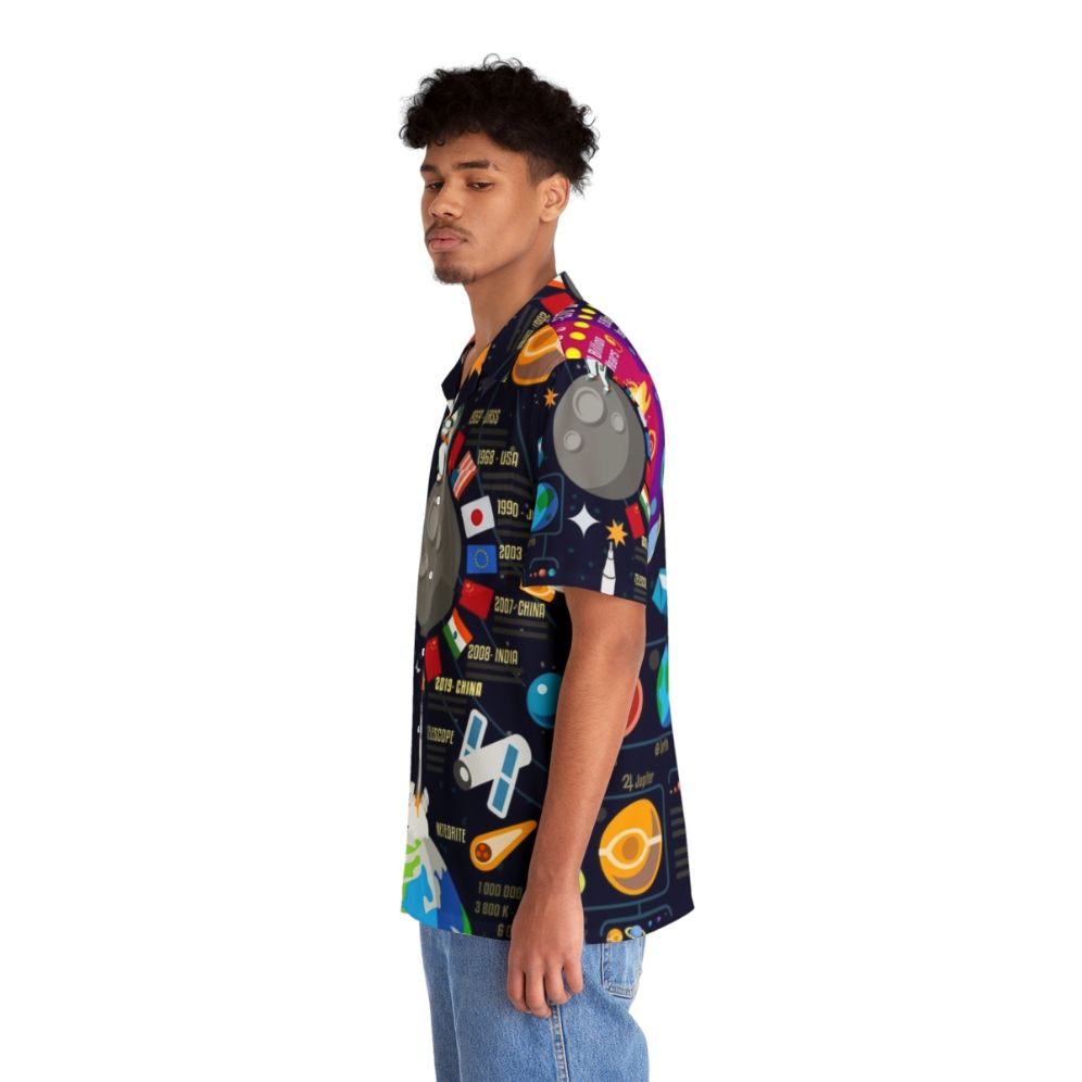 Space-themed Hawaiian shirt with infographic design of the universe, big bang, planets, and celestial elements - People Left