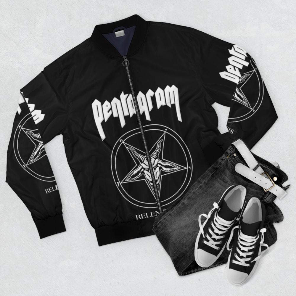 Pentagram Relentless Bomber Jacket featuring the iconic Pentagram logo and design - Flat lay