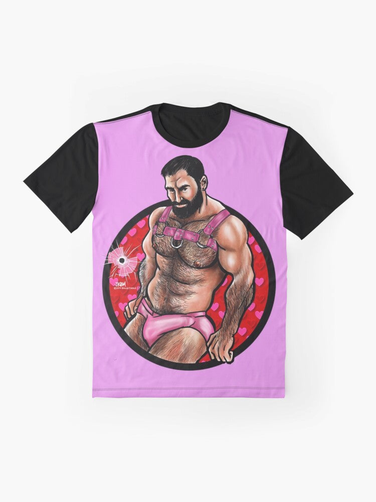 Muscular bearded man wearing a graphic t-shirt with a "Bullet Hole Love" design for Valentine's Day - Flat lay