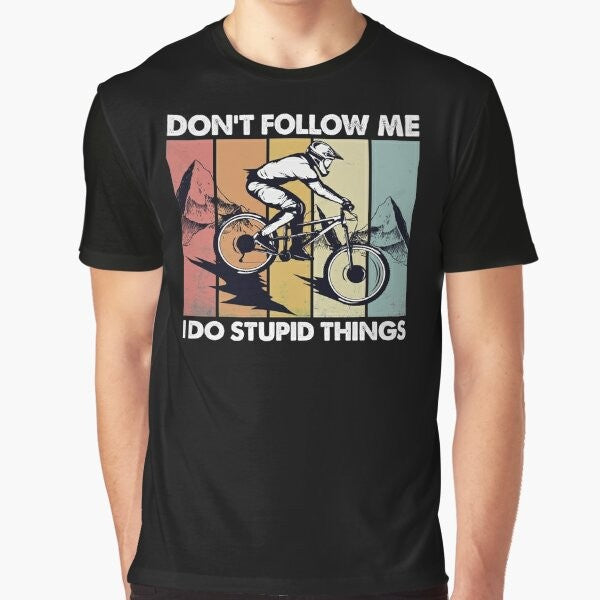 Vintage style "Downhill Don't Follow Me I Do Stupid Things" graphic t-shirt for mountain biking and extreme sports enthusiasts