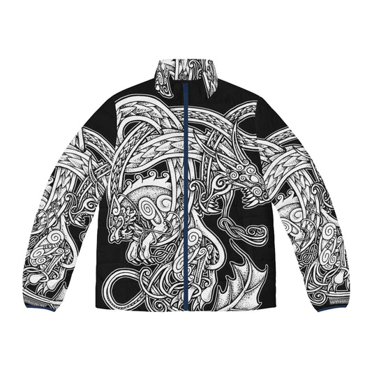 Fenrir and Jormungandr inspired puffer jacket with Norse and Viking design elements