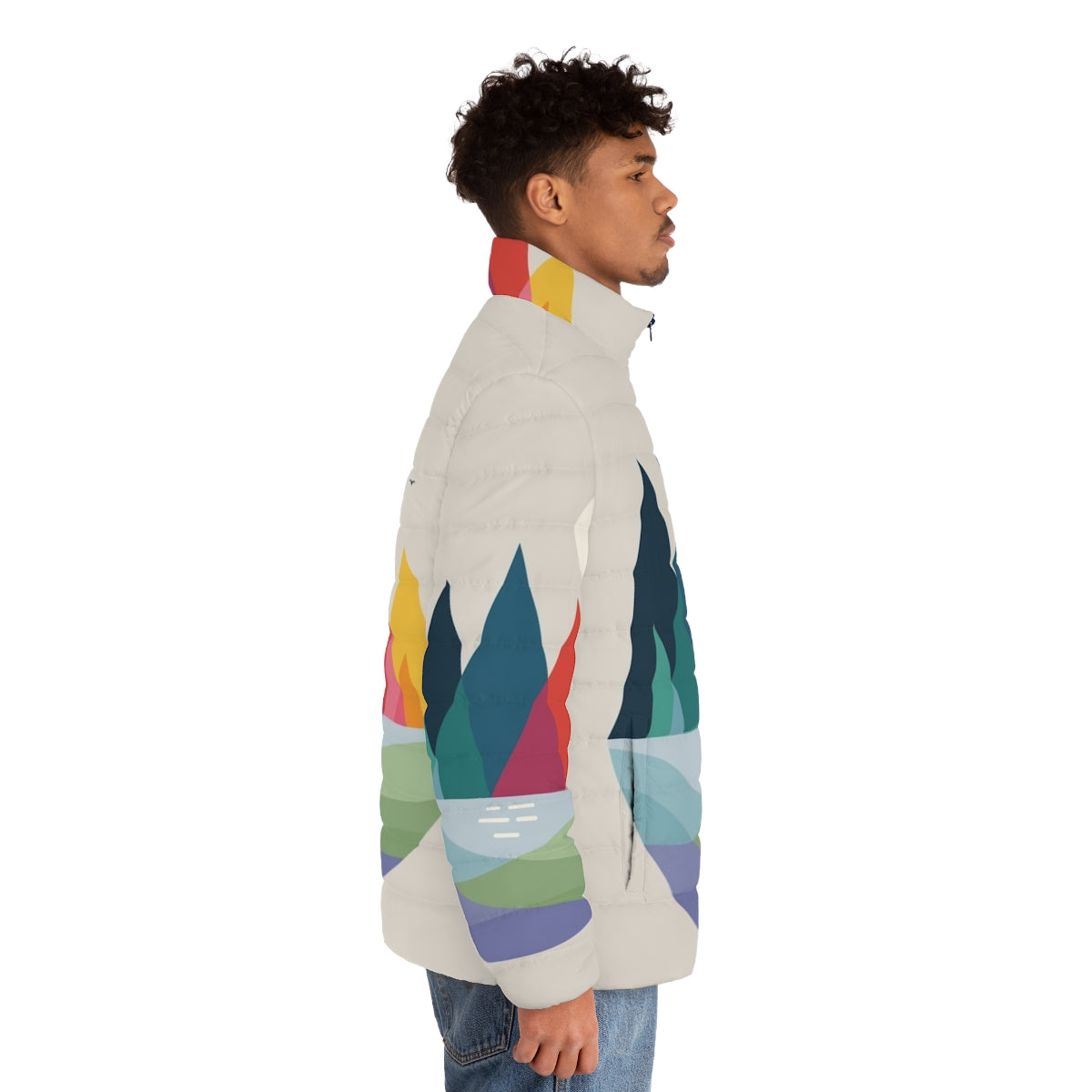 Colorful puffer jacket with geometric design and dream-like landscape - men side right