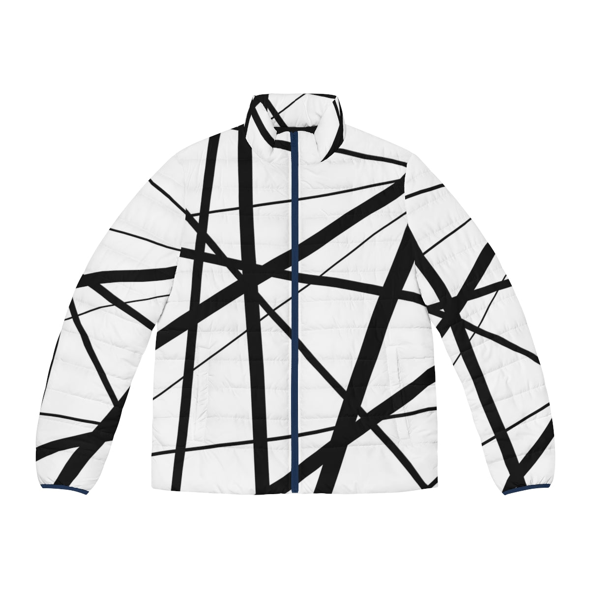 Geometric black and white puffer jacket with abstract line art design