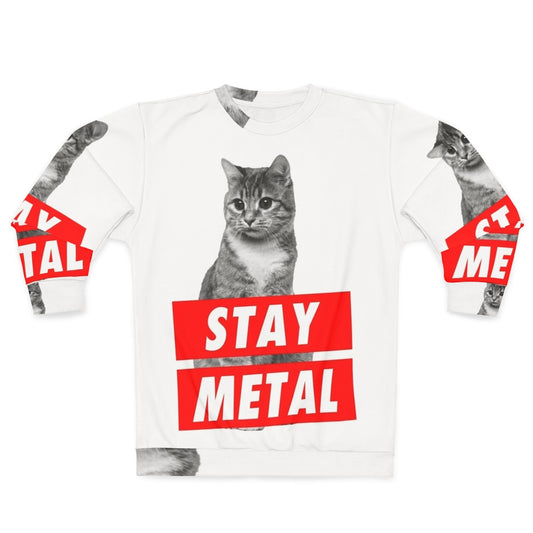 Stay Metal Heavy Metal Sweatshirt with Nicolas Cage Cat Meme Design