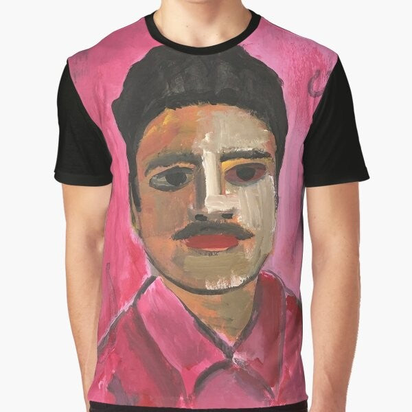 Graphic t-shirt featuring a portrait of a cowboy with a mustache, horse shoe, and impressionistic brush strokes