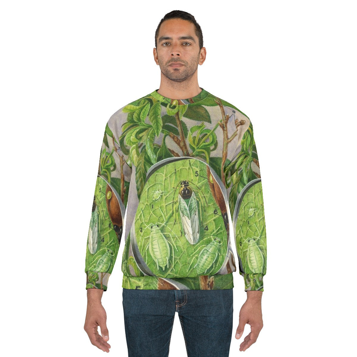 Green peach aphid botanical illustration on a sweatshirt - men