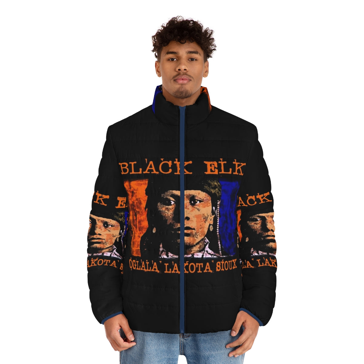 Stylish and warm puffer jacket featuring the iconic Black Elk design, representing the Oglala Lakota Sioux culture. - men front