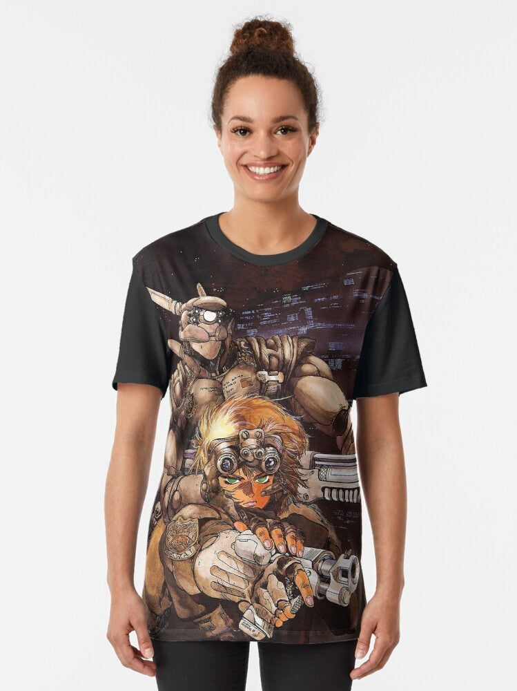 Appleseed Briareos and Deunan mecha-inspired graphic t-shirt for anime enthusiasts - Women