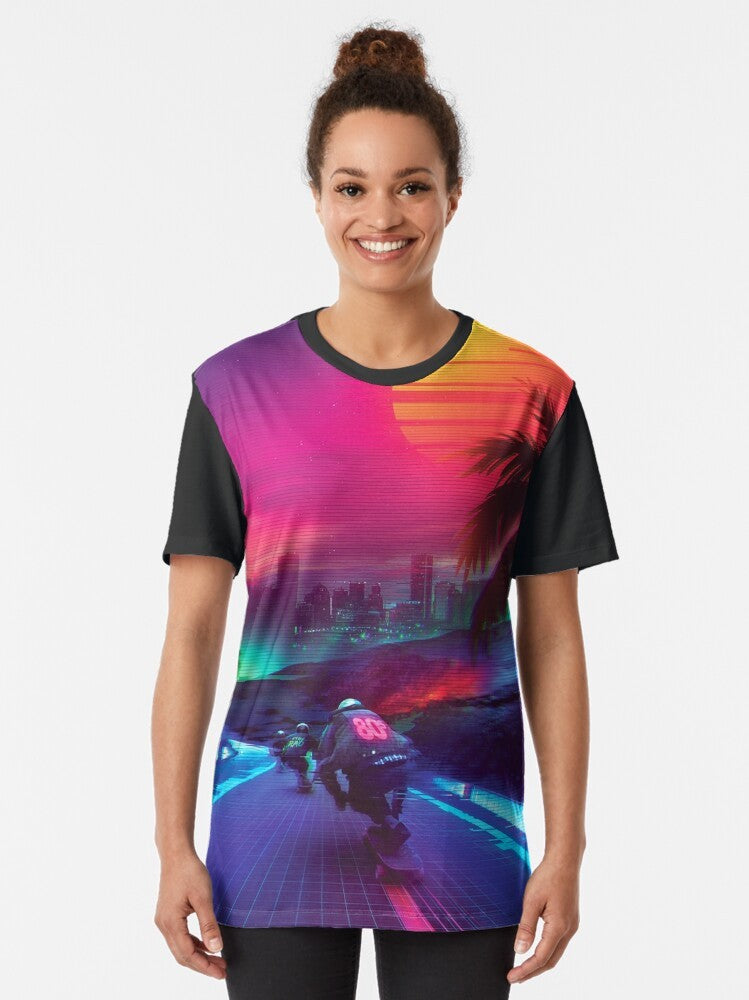 Synthwave neon graphic t-shirt with retro 80s and 90s inspired design - Women