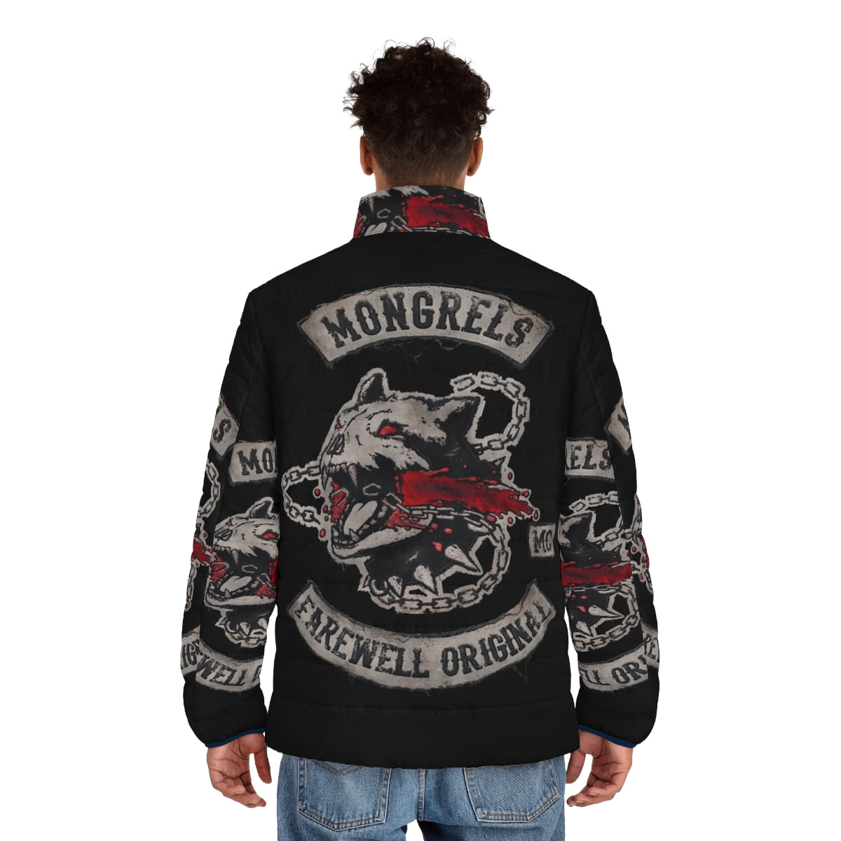 Days Gone Mongrel Puffer Jacket with Deacon St. John and his dog on a motorbike - men back