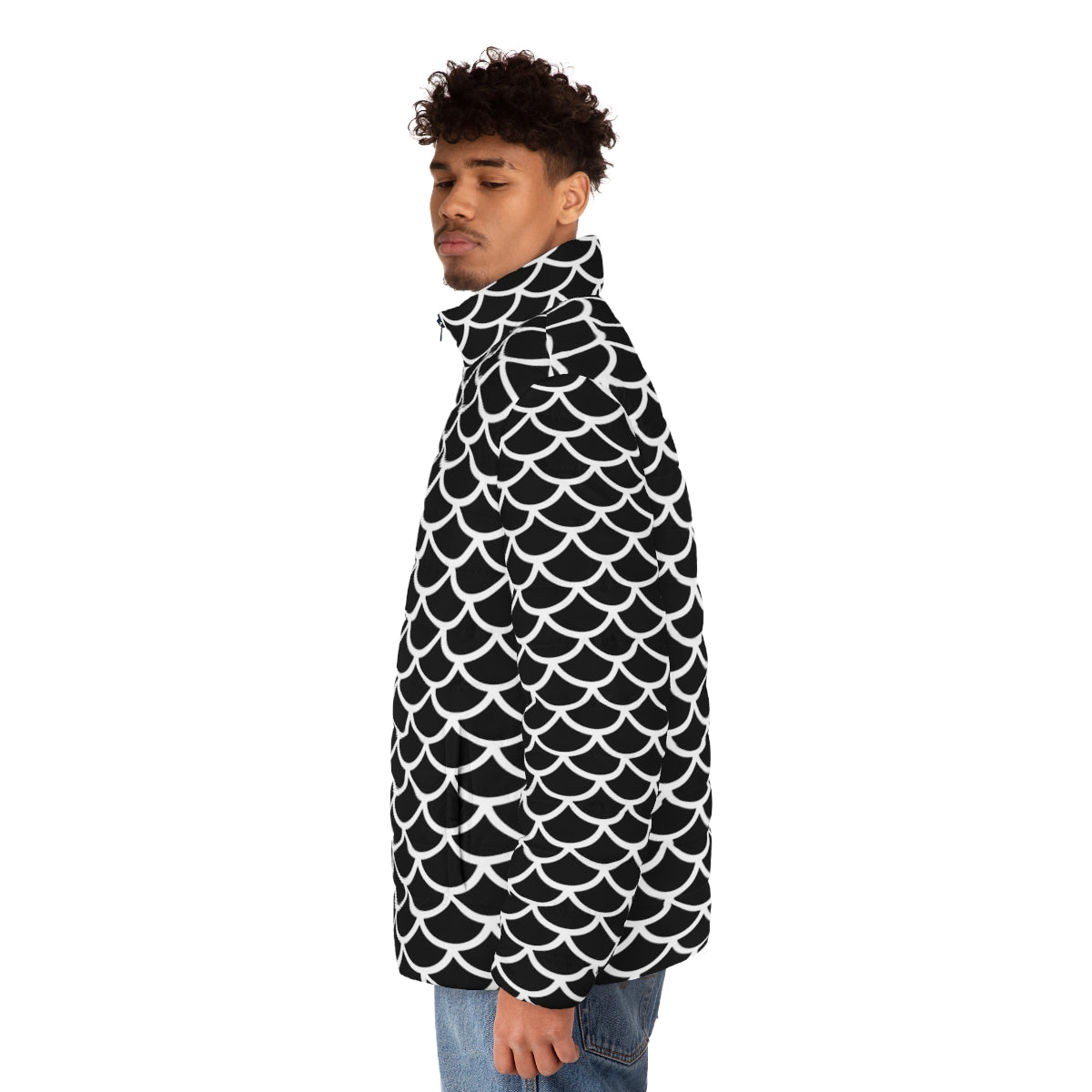 Black and white puffer jacket with a geometric fish scale pattern design - men side left