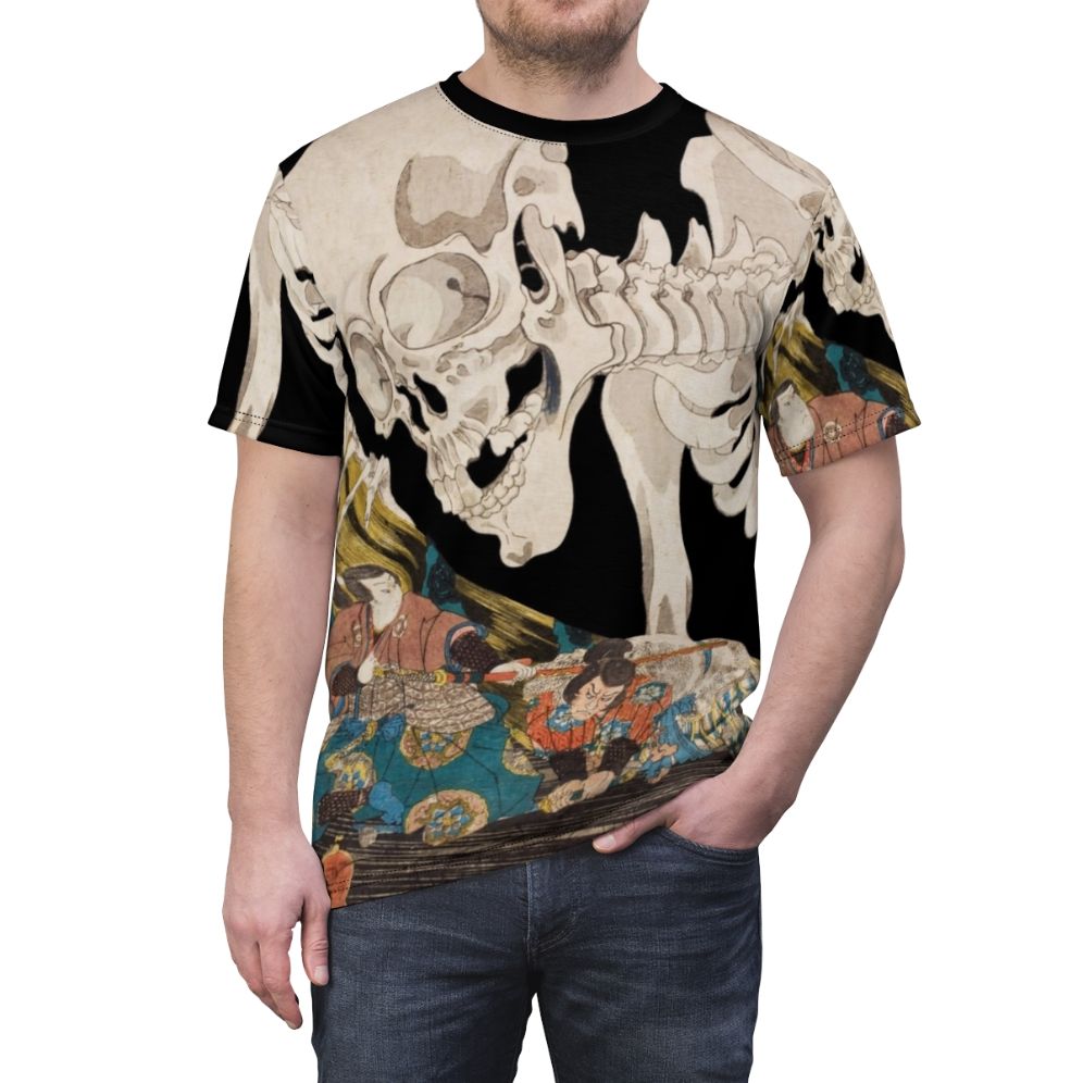 Vintage-style t-shirt featuring a spooky skeleton ghost in the style of traditional Japanese ukiyo-e woodblock prints. - men front