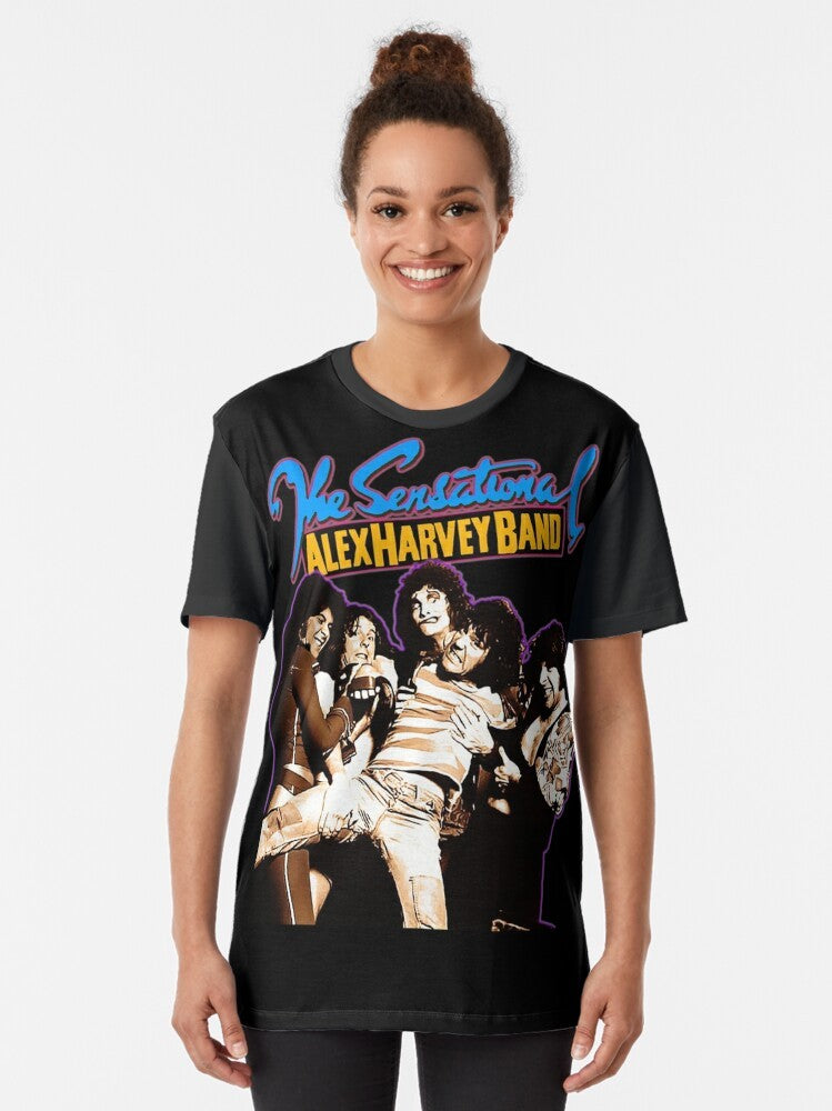 The Sensational Alex Harvey Band cat graphic t-shirt with Scottish band logo and cat illustration - Women