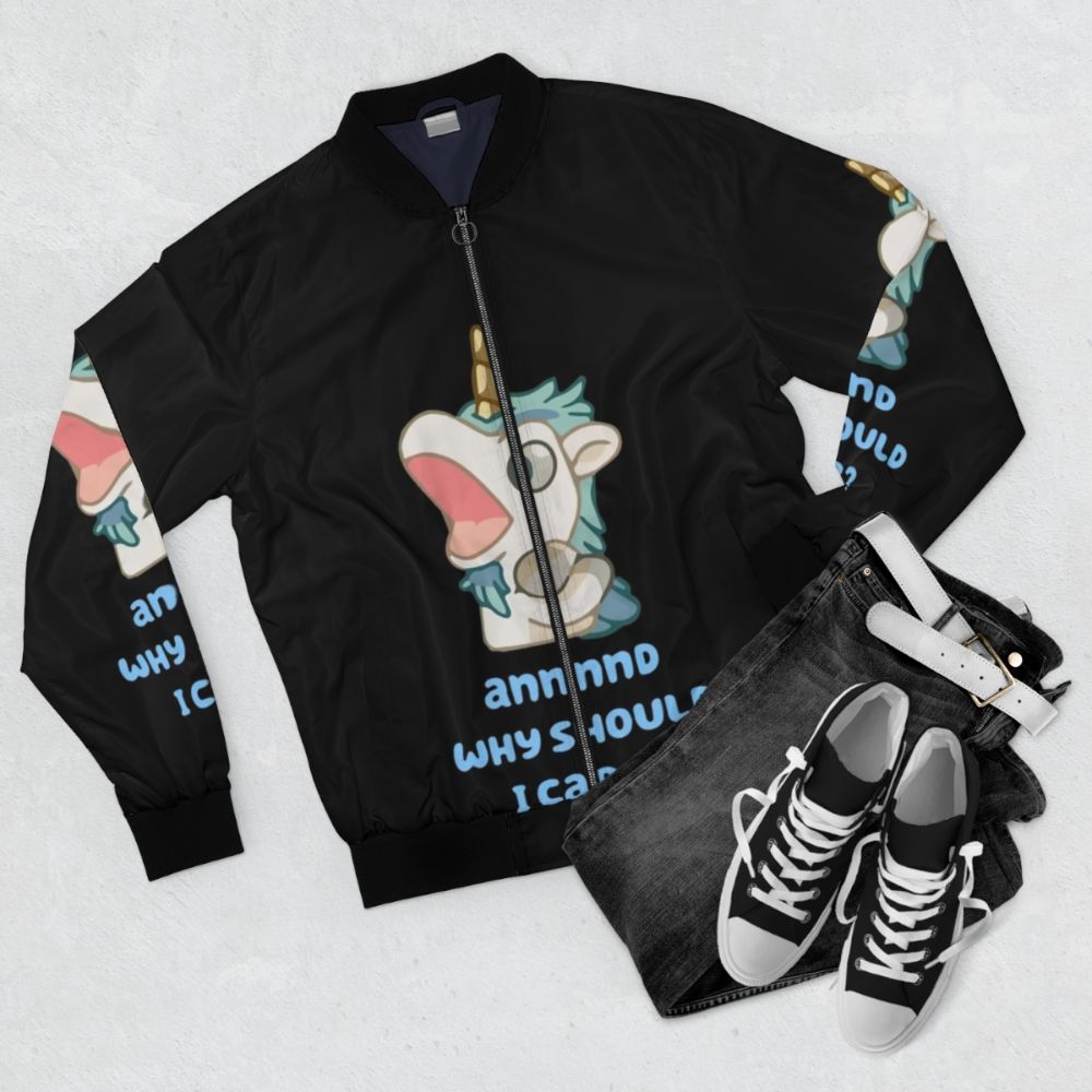 Bluey Unicorse Kiss Bomber Jacket with Cartoon Characters - Flat lay