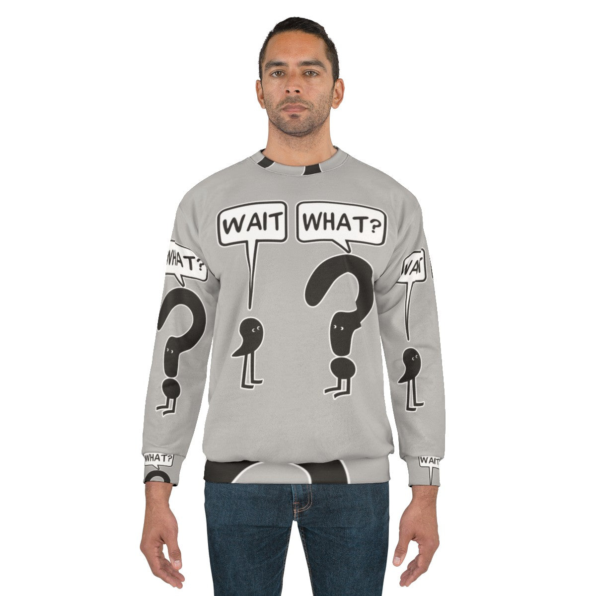 "Wait What" funny sweatshirt with text and illustration - men