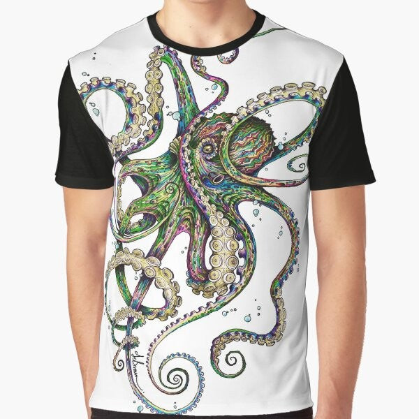 Colorful psychedelic octopus graphic on a t-shirt