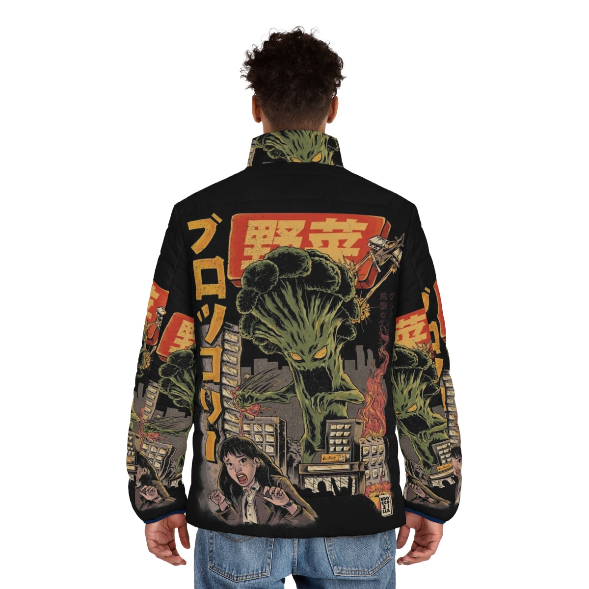 Broccozilla retro anime puffer jacket featuring a green vegetable monster design - men back