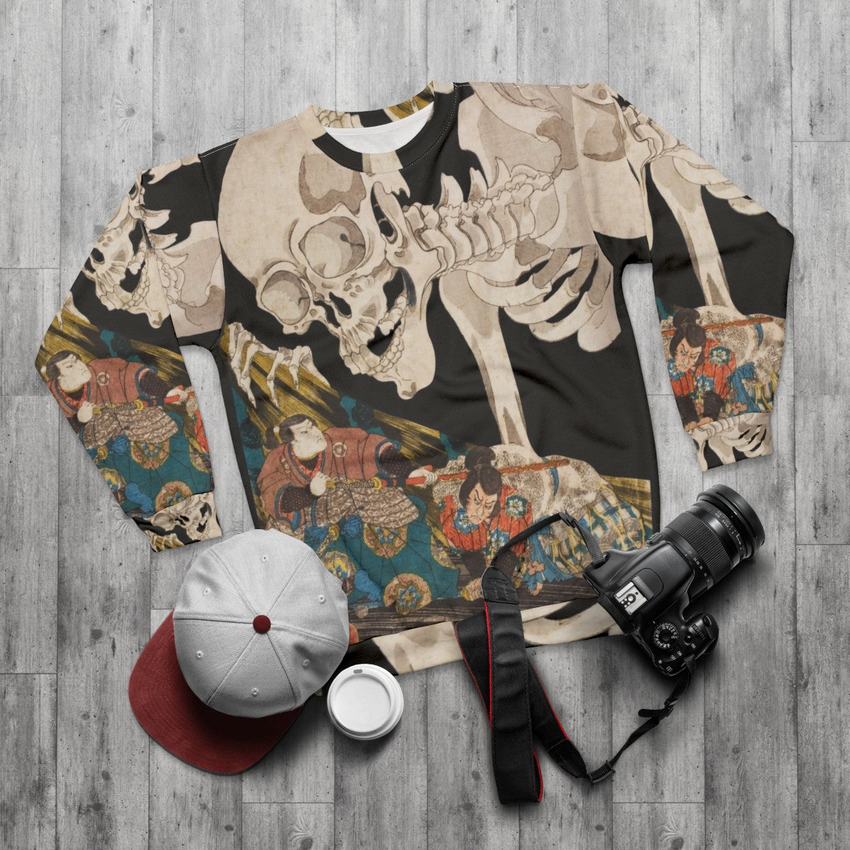 Skeleton Ghost Ukiyo-E Woodblock Print Sweatshirt - flat lay