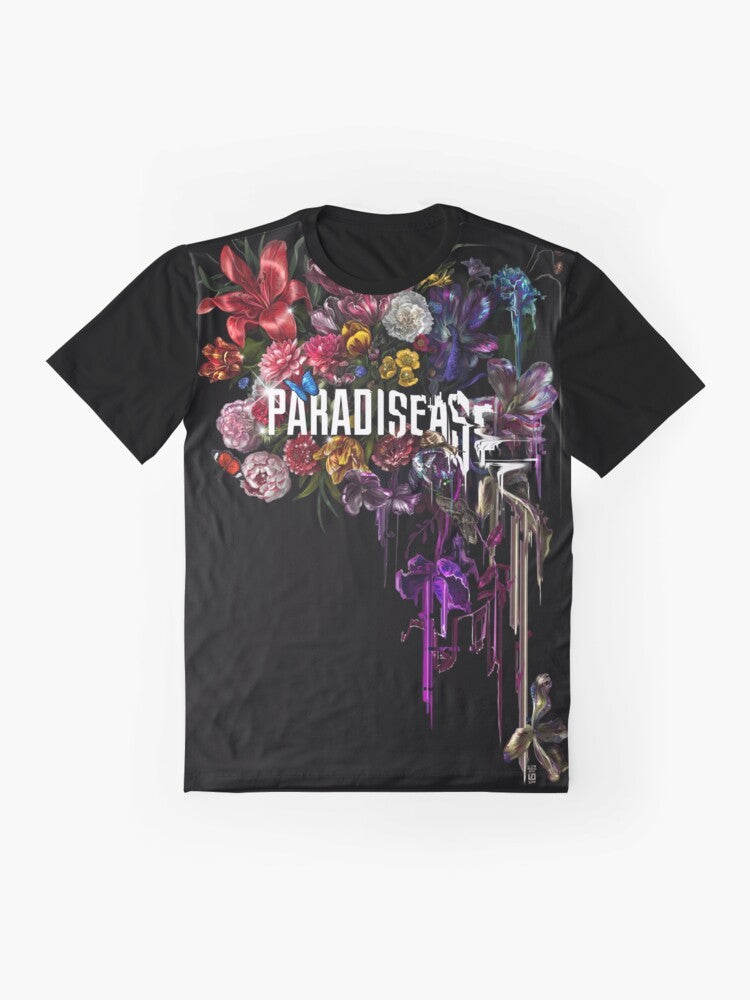 A graphic t-shirt featuring a glitched, floral paradise design with sci-fi and reality elements. - Flat lay