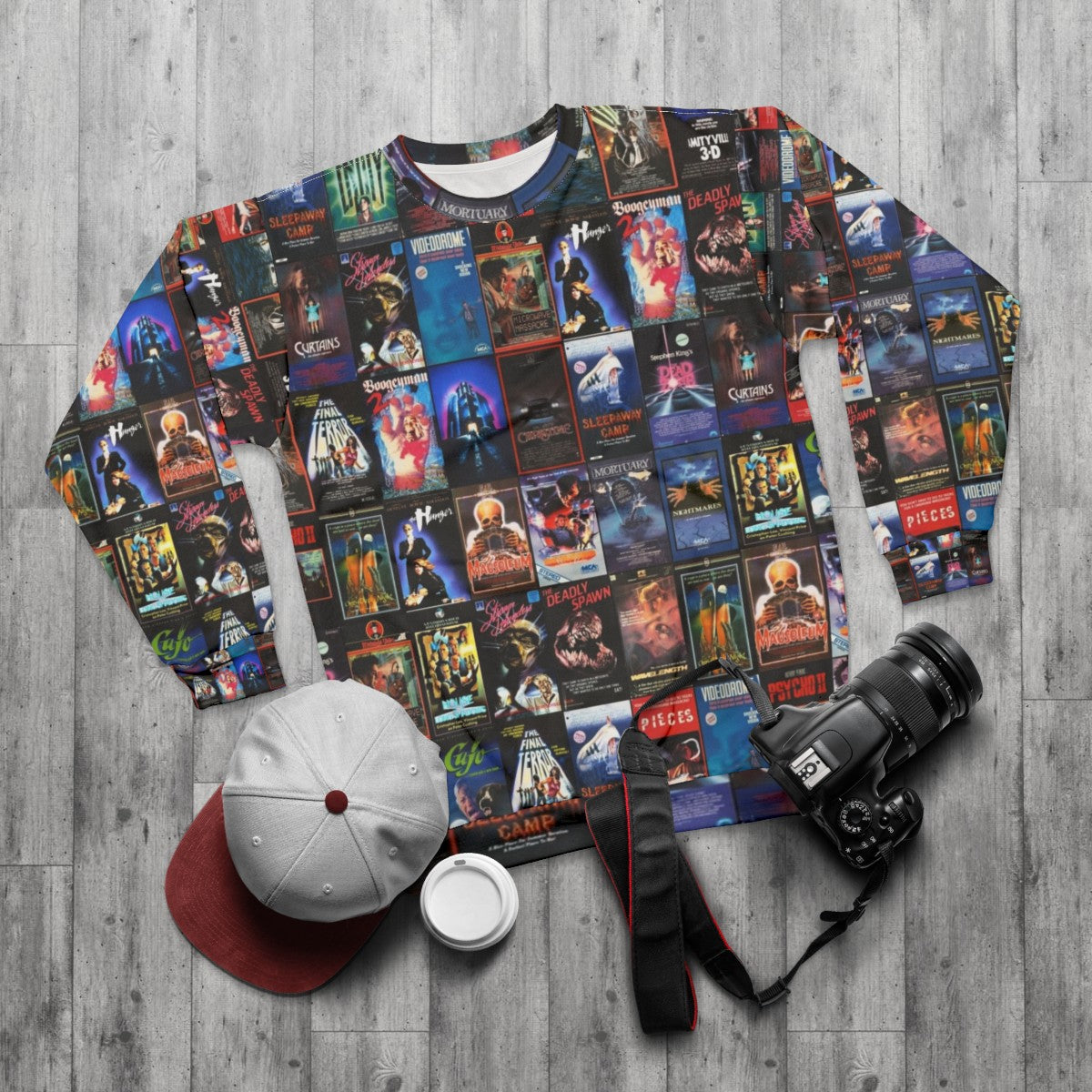 Retro 80s horror VHS artwork sweatshirt - flat lay