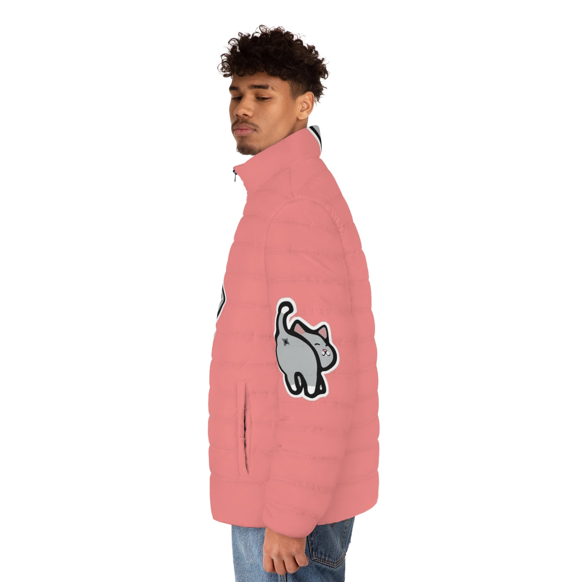 Puffer jacket with a quirky and hilarious cat butt design, perfect for cat lovers and social media enthusiasts - men side left