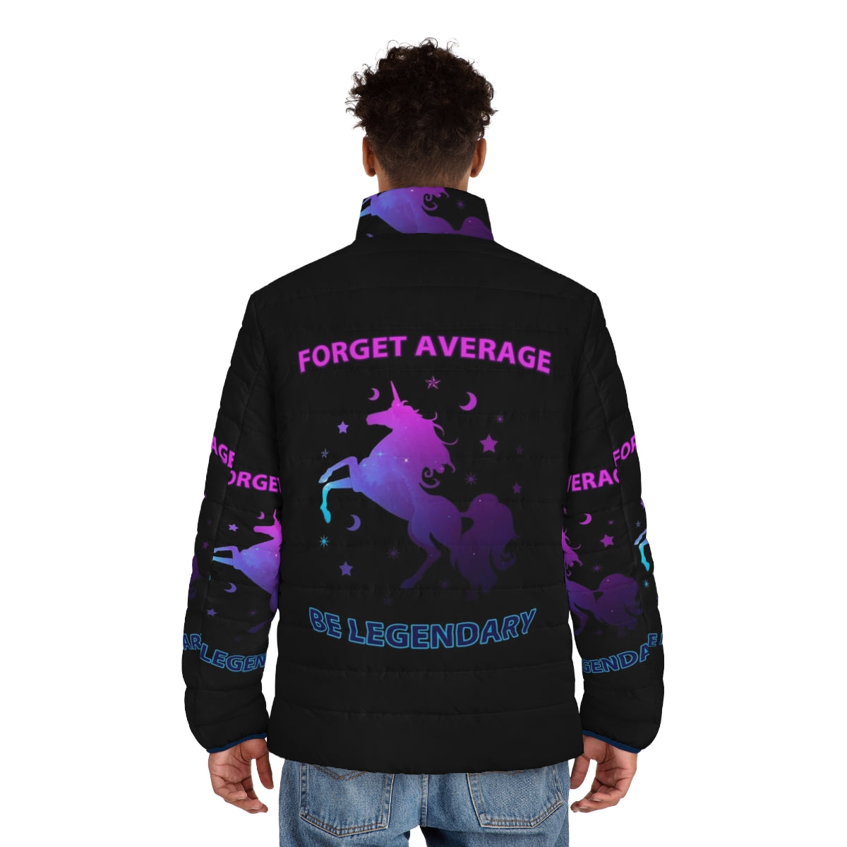 Legendary puffer jacket with unicorn and galaxy design - men back