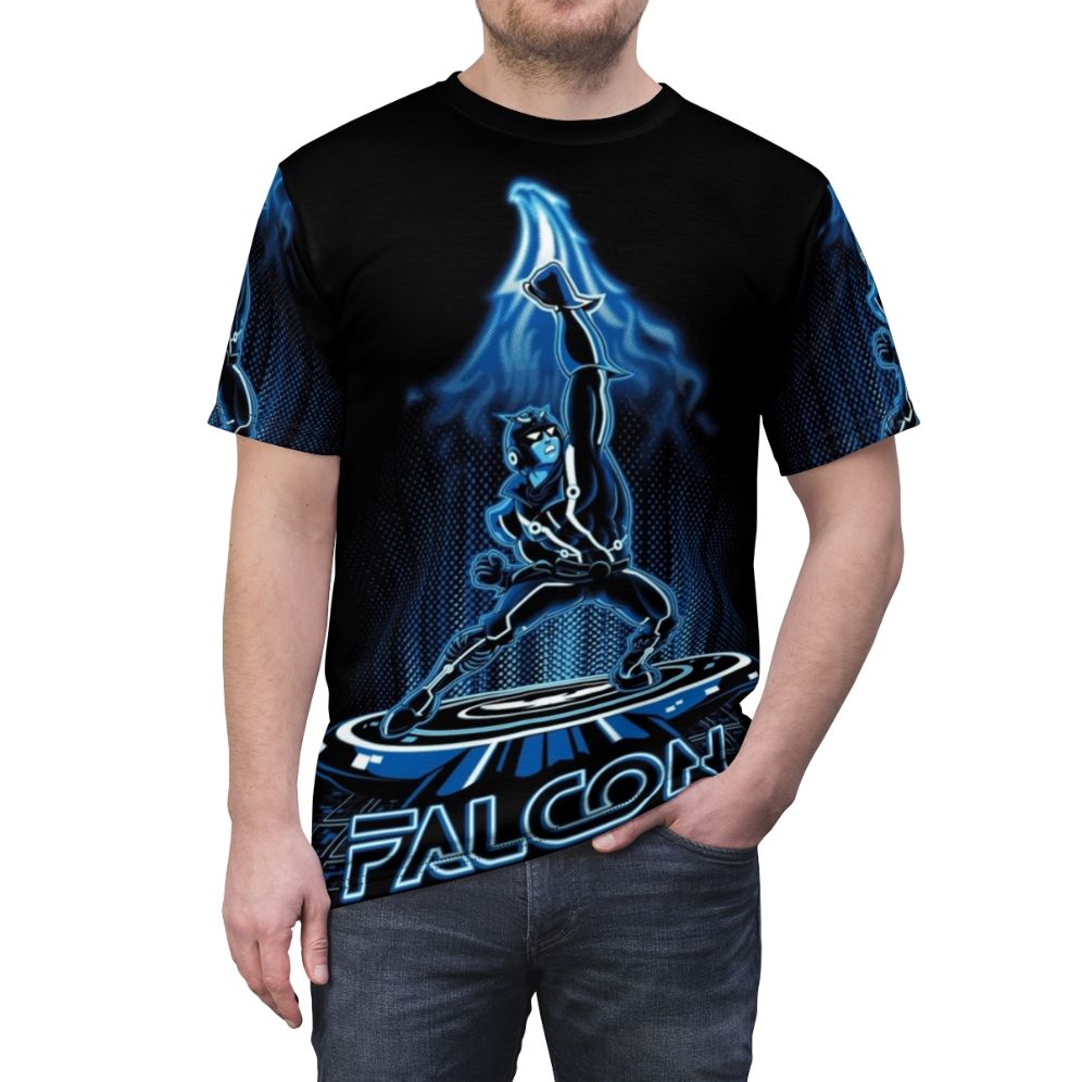 Vintage 80s inspired t-shirt with pop culture mashup design featuring Captain Falcon, Tron, and video game elements - men front