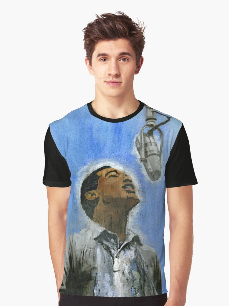 Vintage-style graphic t-shirt featuring a portrait of legendary soul singer Sam Cooke - Men