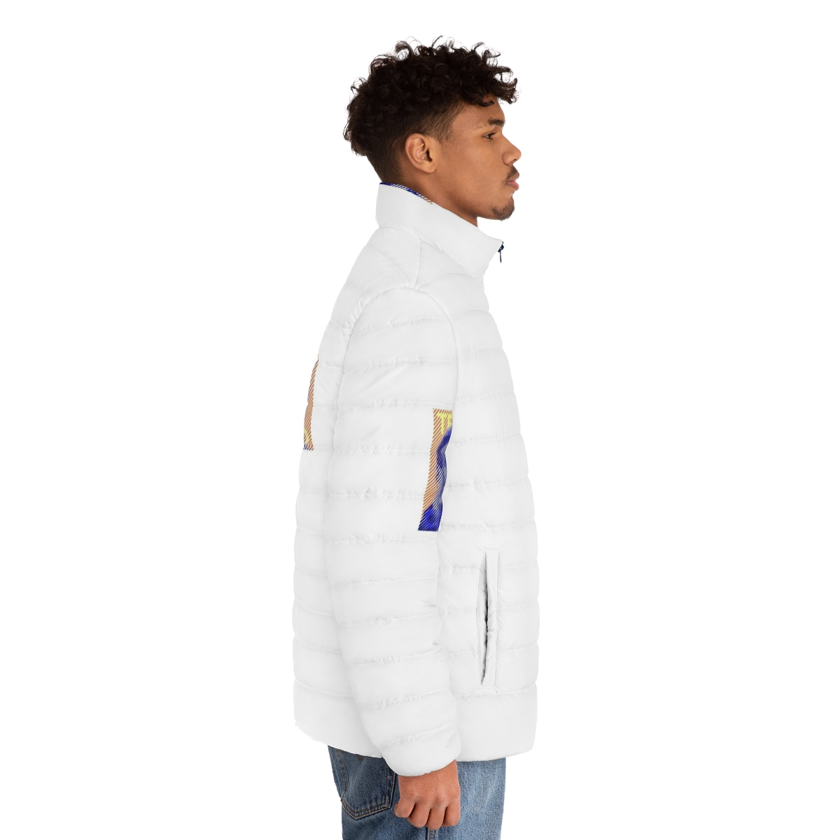 Team Coco Blue Orange Puffer Jacket with Conan Obrien's portrait and line art design - men side right