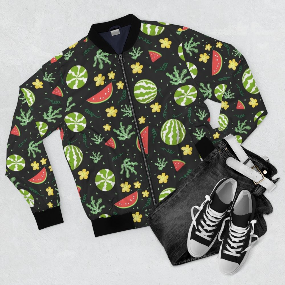 A colorful bomber jacket featuring a vibrant watermelon print design - Flat lay