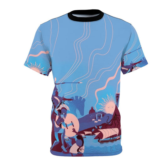 Homeric landscape-inspired all-over-print t-shirt featuring elements from the Iliad and Odyssey