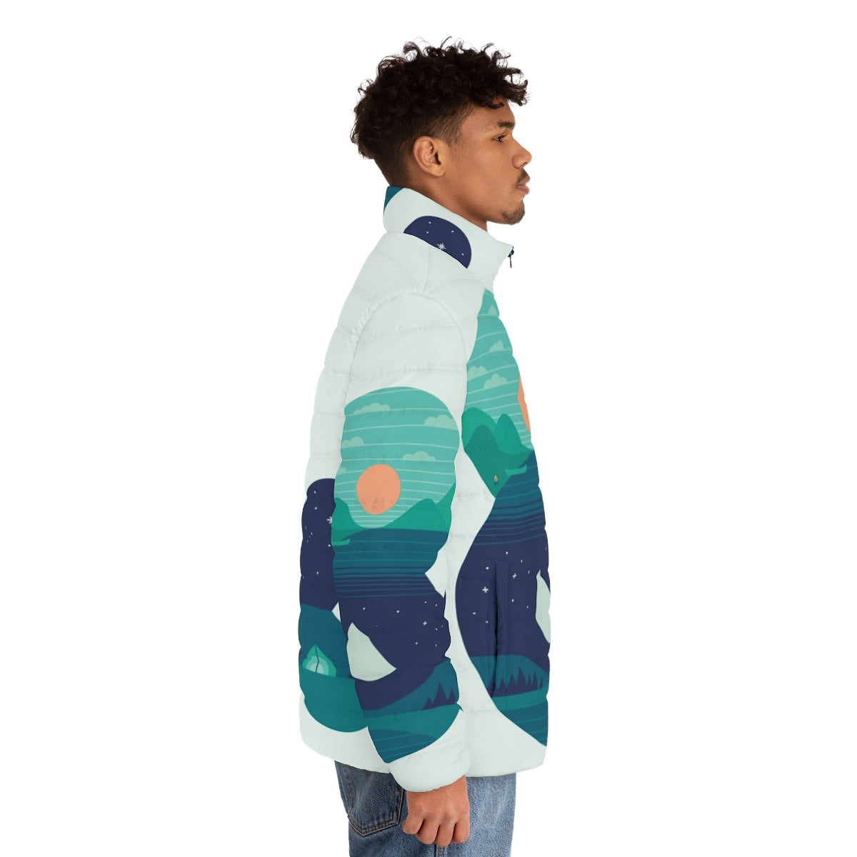 Day Night Puffer Jacket featuring minimalist graphic design by The Paper Crane - men side right