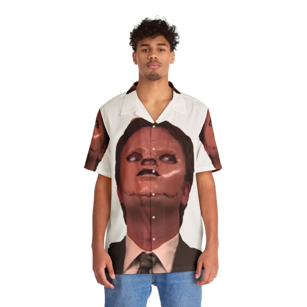 Creepy Dwight Schrute Hawaiian Shirt with Skin Mask Design - People Front