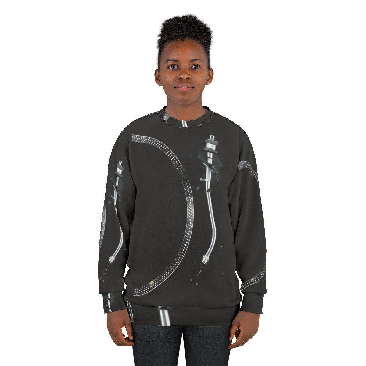 Turntable tone arm and platter music gear sweatshirt - women