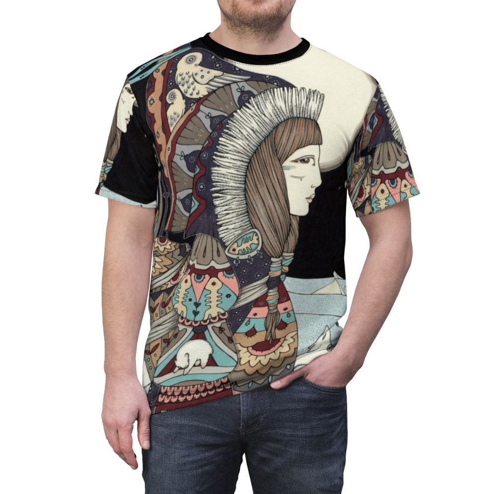 Eco-friendly all-over print t-shirt depicting Sedna, the Inuit goddess of the sea and marine animals. - men front