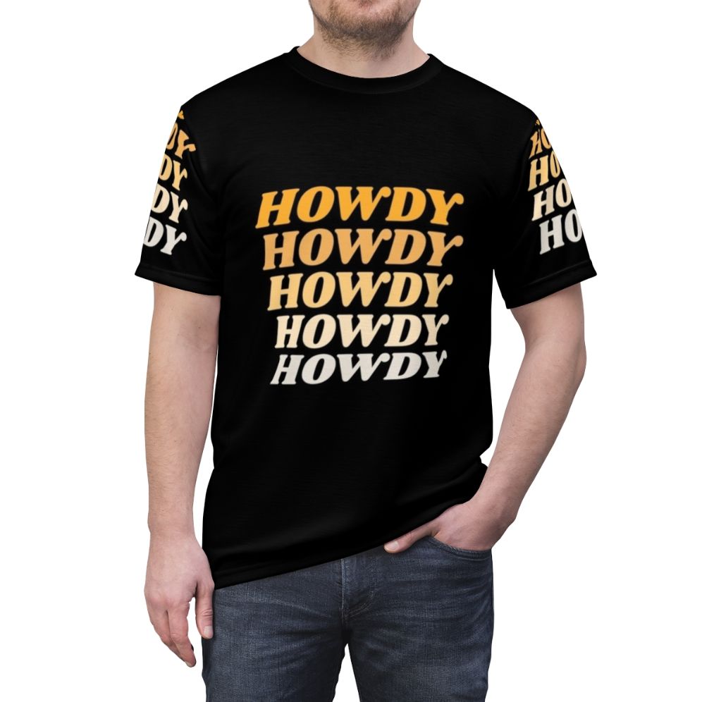 A stylish Western-themed t-shirt with the word "Howdy" printed on it, perfect for country and cowboy enthusiasts. - men front