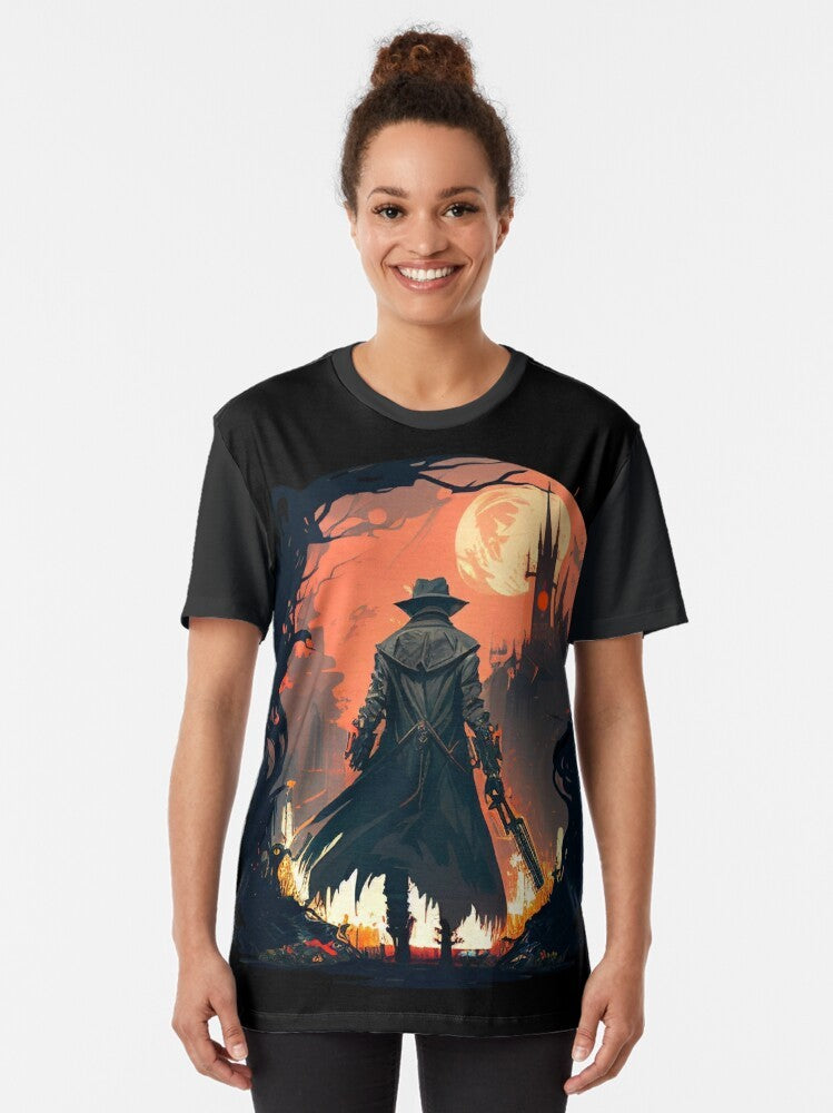 Bloodborne Hunter Eldritch Horror Graphic T-Shirt featuring a dark and ominous design with a hunter, red moon, flames, and Lovecraftian elements. - Women